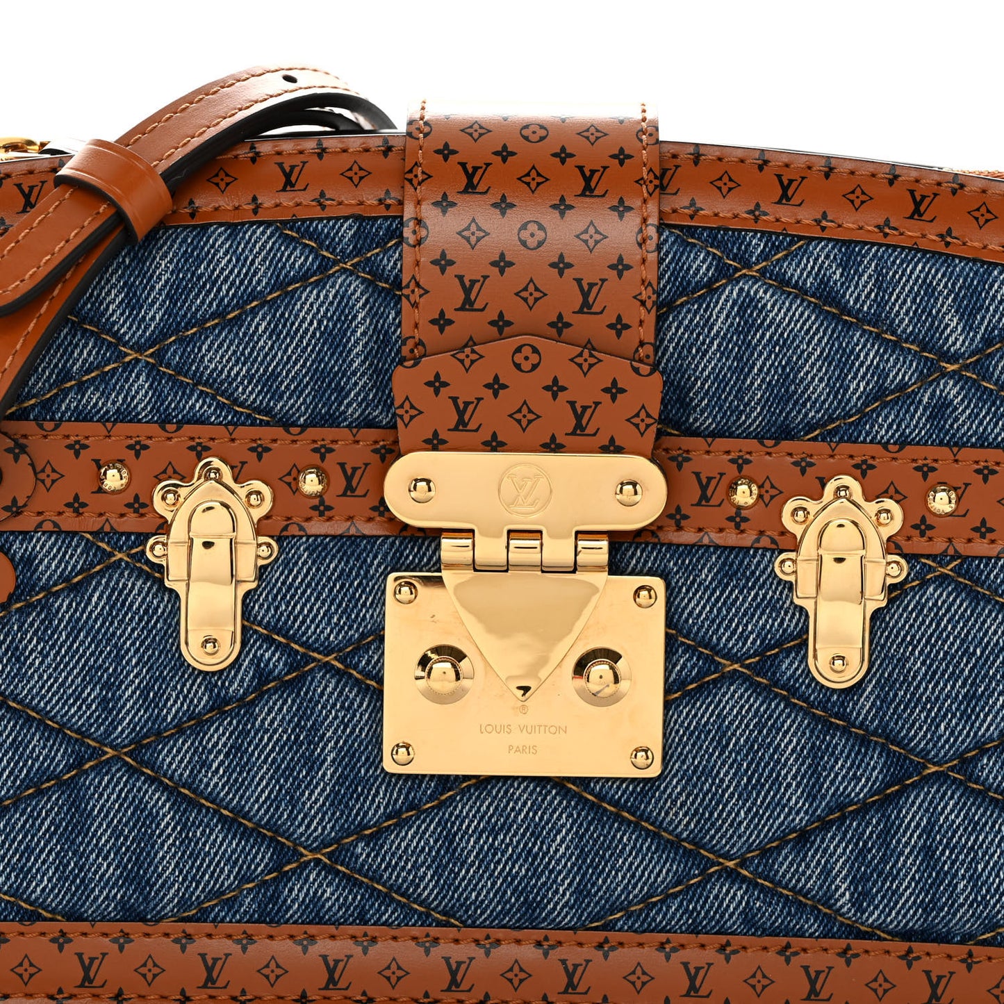 Denim Calfskin Malletage Trunk Clutch Light Blue