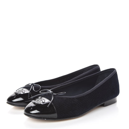 Chanel Velvet Patent Calfskin Cap Toe Ballerina Flats 37.5 Navy Black 3 of 15