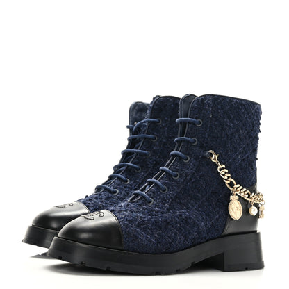 Chanel Tweed Calfskin Chain Lace Up Combat Boots 39 Navy Black 3 of 8