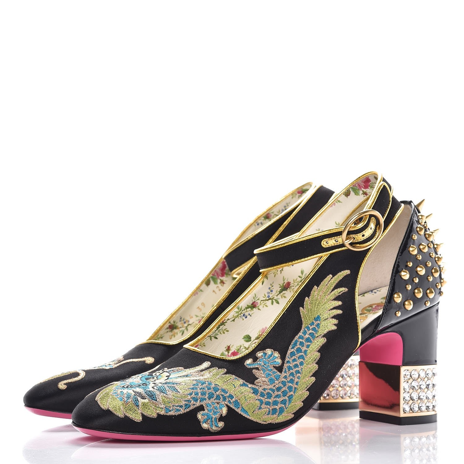 Gucci Satin Embroidered Dragon Caspar Pumps 38.5 Black 3 of 10
