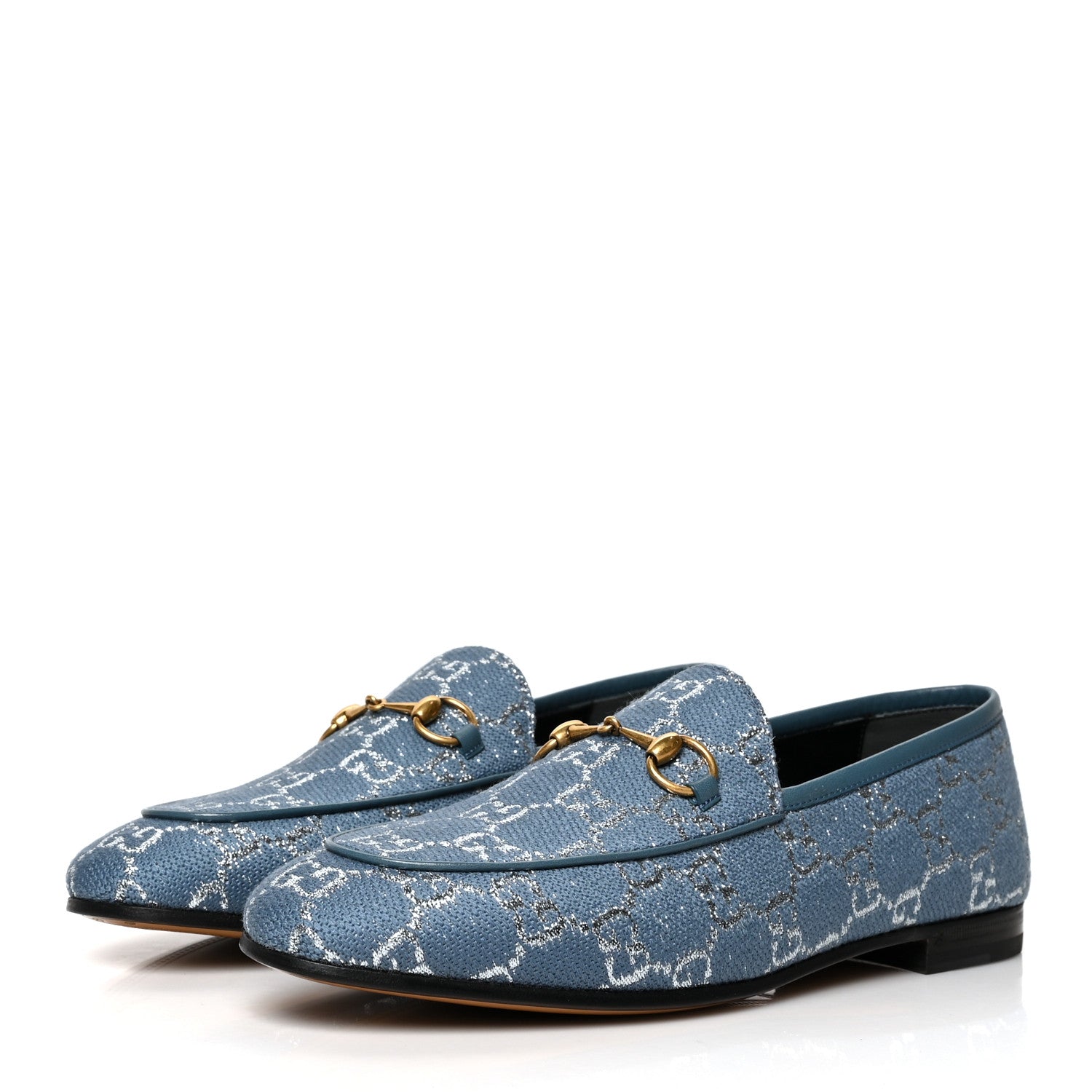 Gucci Canvas Lame GG Monogram Horsebit Womens Jordaan Loafers 39 Blue Silver Cornflower Blue 3 of 8