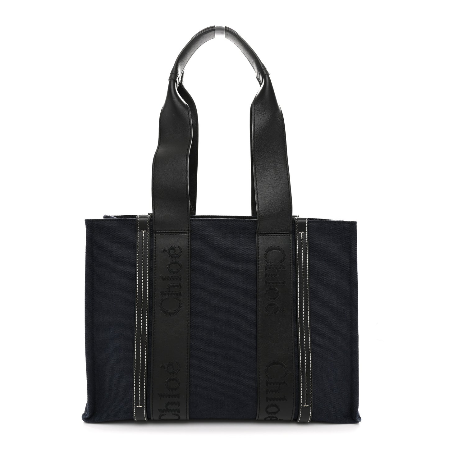 Cotton Shiny Calfskin Medium Woody Ribbon Tote Obscure Navy