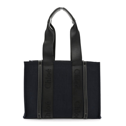 Chloe Cotton Shiny Calfskin Medium Woody Ribbon Tote Obscure Navy 1 of 12