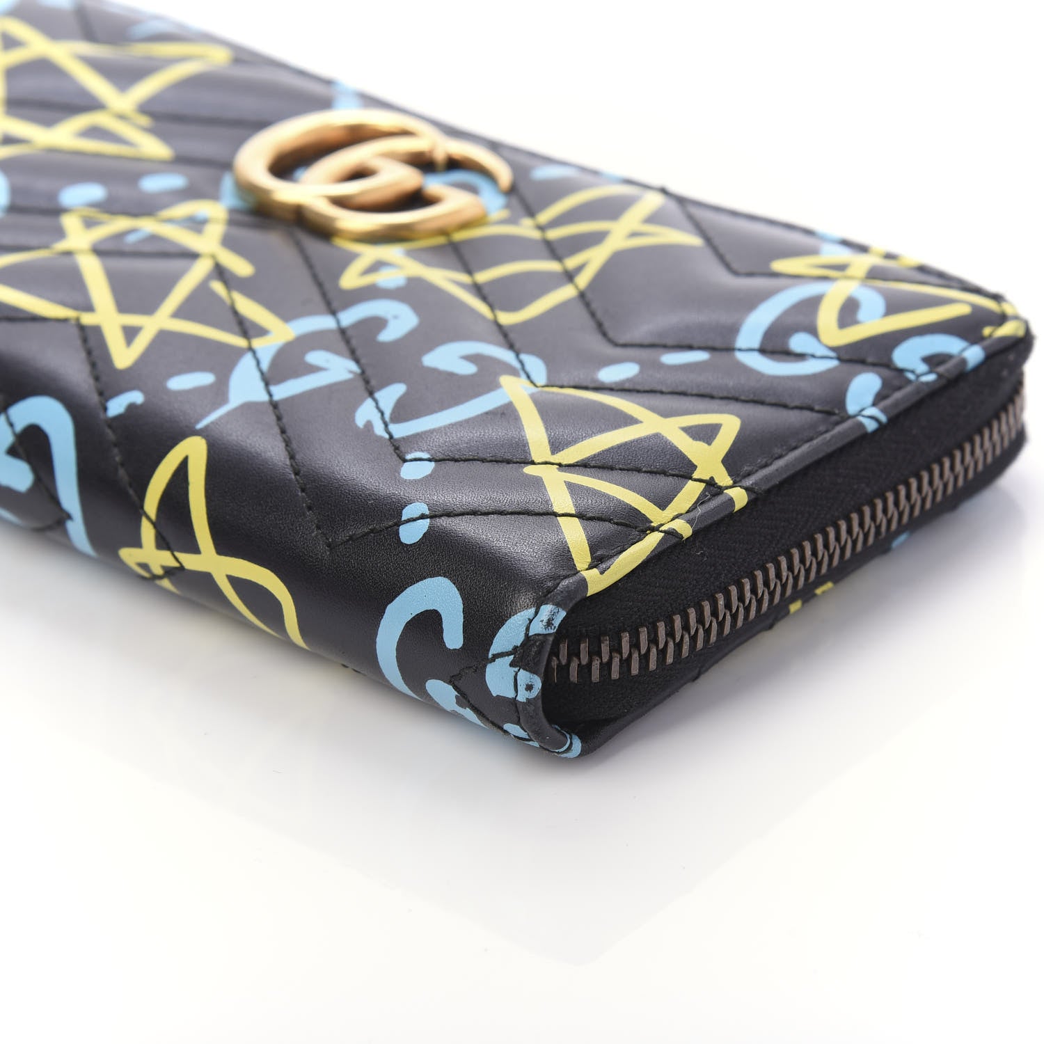 Gucci Calfskin Matelasse GucciGhost GG Marmont Zip Around Wallet Black New Acquamarine 7 of 10
