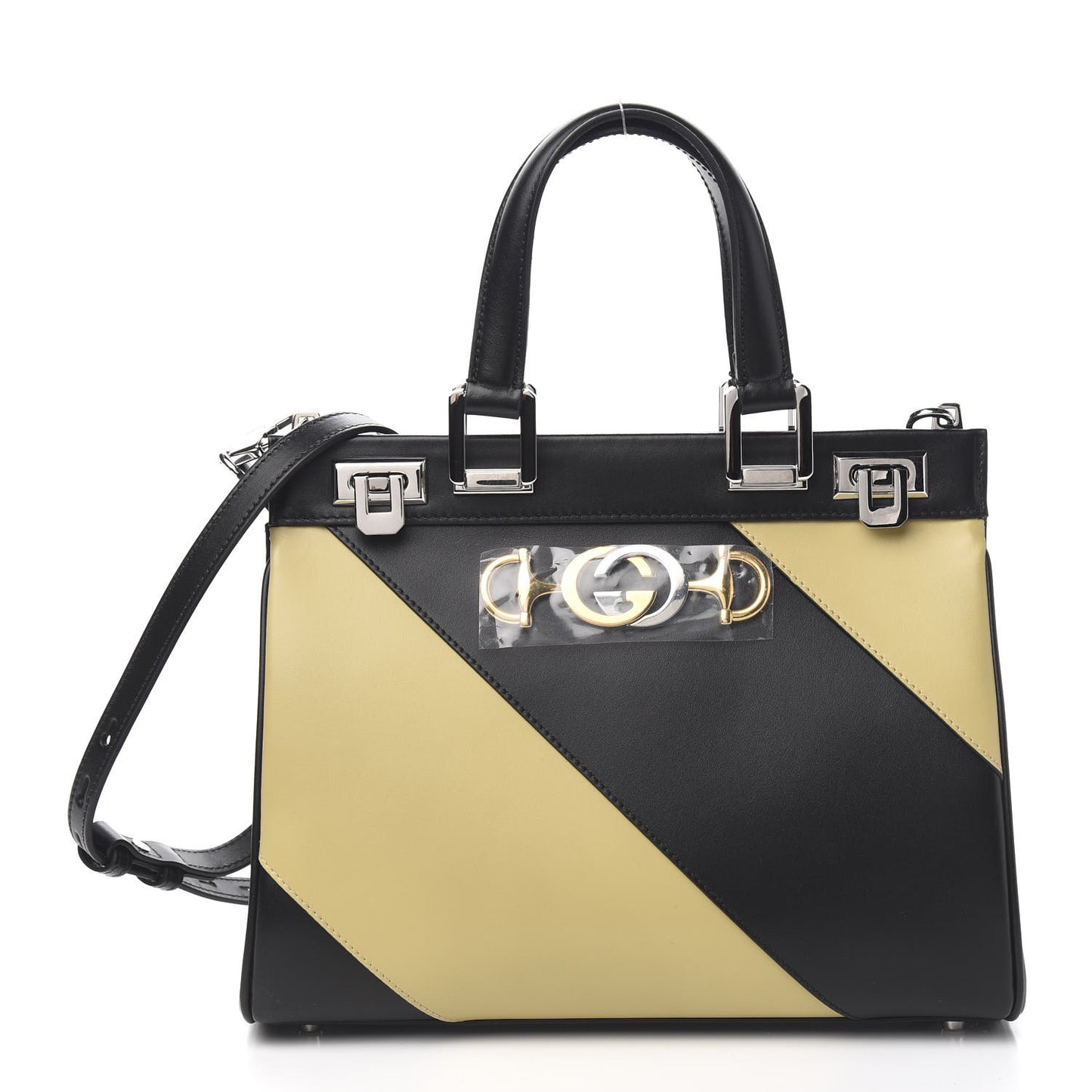 Smooth Calfskin Diagonal Striped Small Zumi Top Handle Bag Black Beige