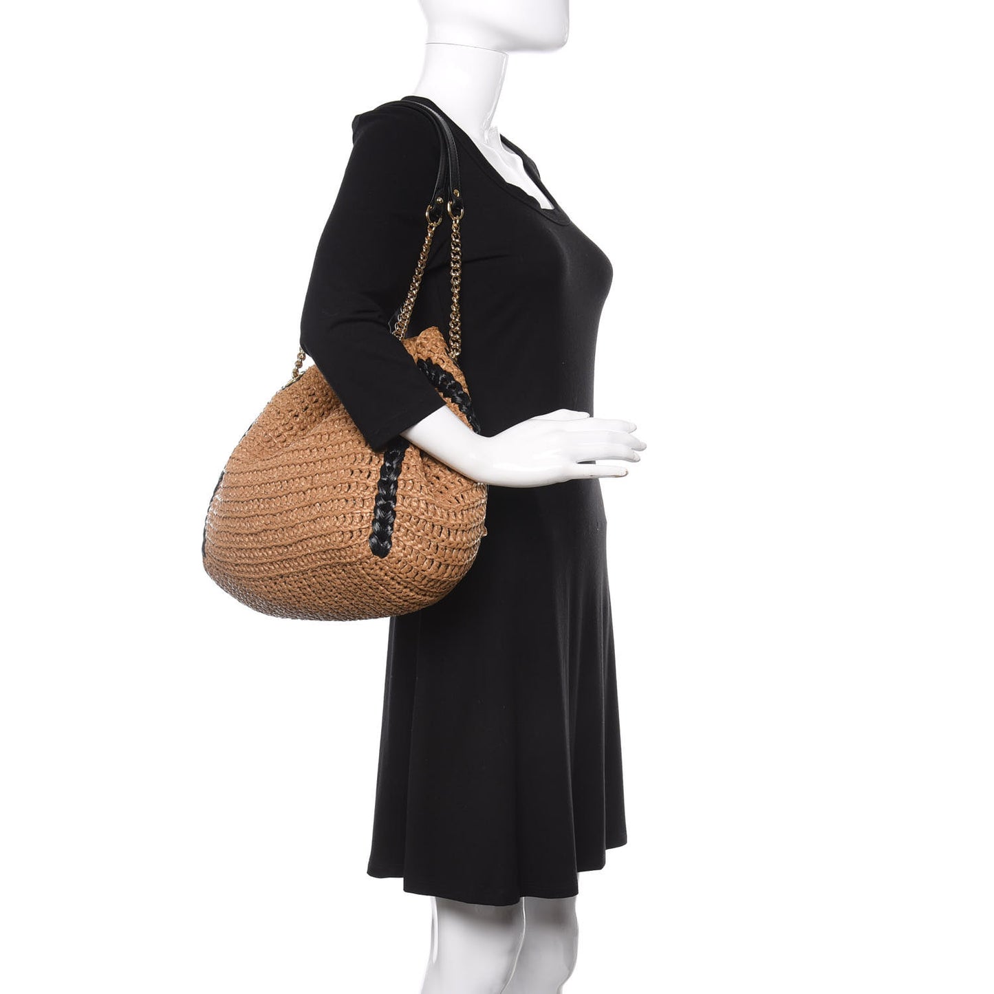Raffia Effect Large GG Marmont Shoulder Tote Bag Natural Black