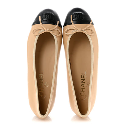 Chanel Lambskin Cap Toe CC Ballerina Flats 37 Beige Black 2 of 10