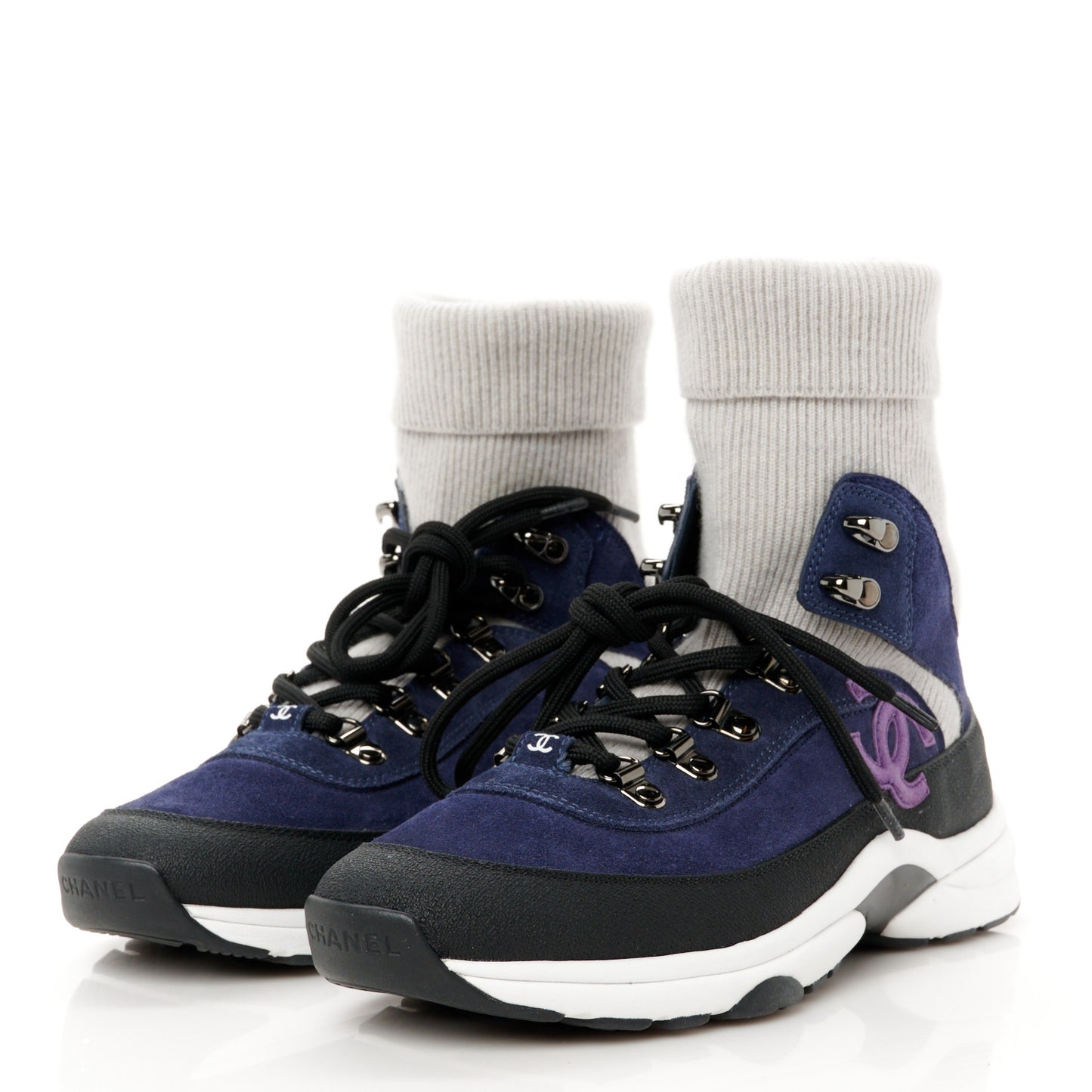 Suede Calfskin Knit CC Sneakers 38 Dark Blue Light Grey
