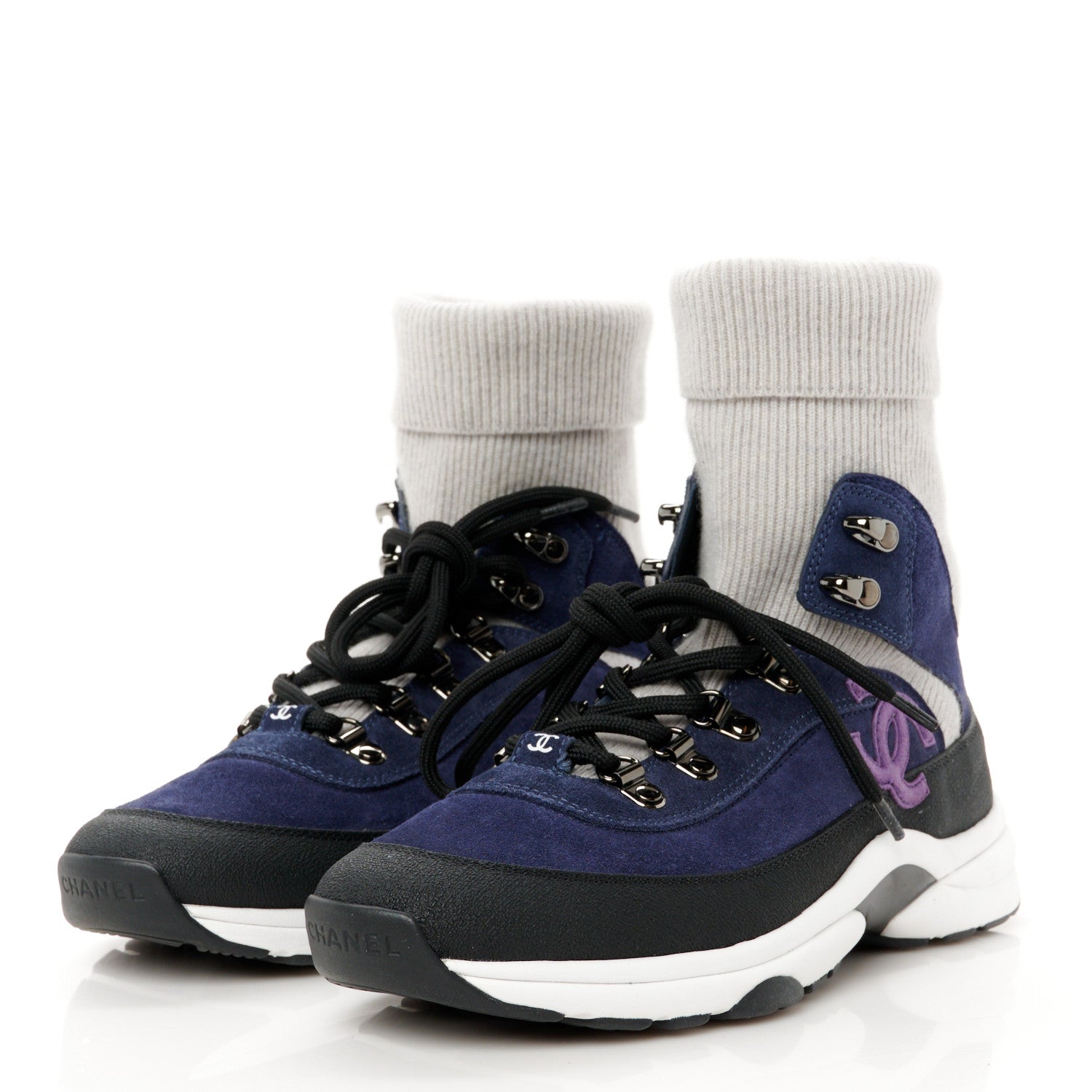 Chanel Suede Calfskin Knit CC Sneakers 38 Dark Blue Light Grey 4 of 10