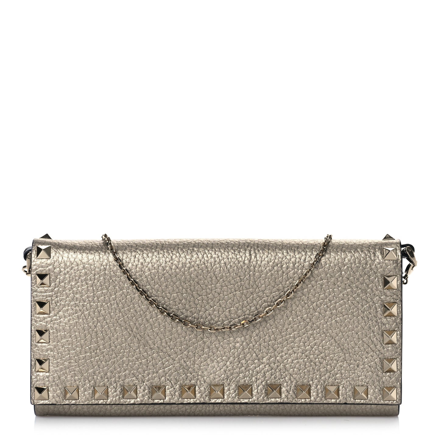 Metallic Pebbled Calfskin Rockstud Flap Wallet On chain Platino