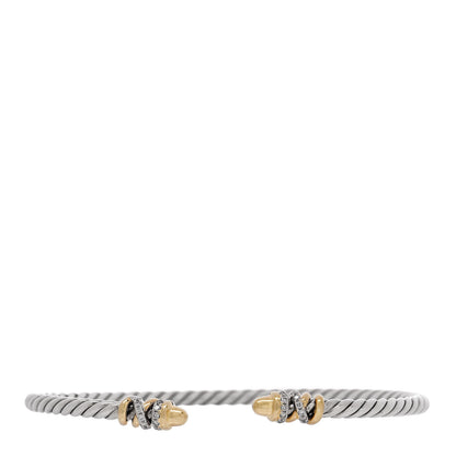 David Yurman Sterling Silver 18K Yellow Gold Diamond 3mm Petite Helena Cuff Bracelet 1 of 4