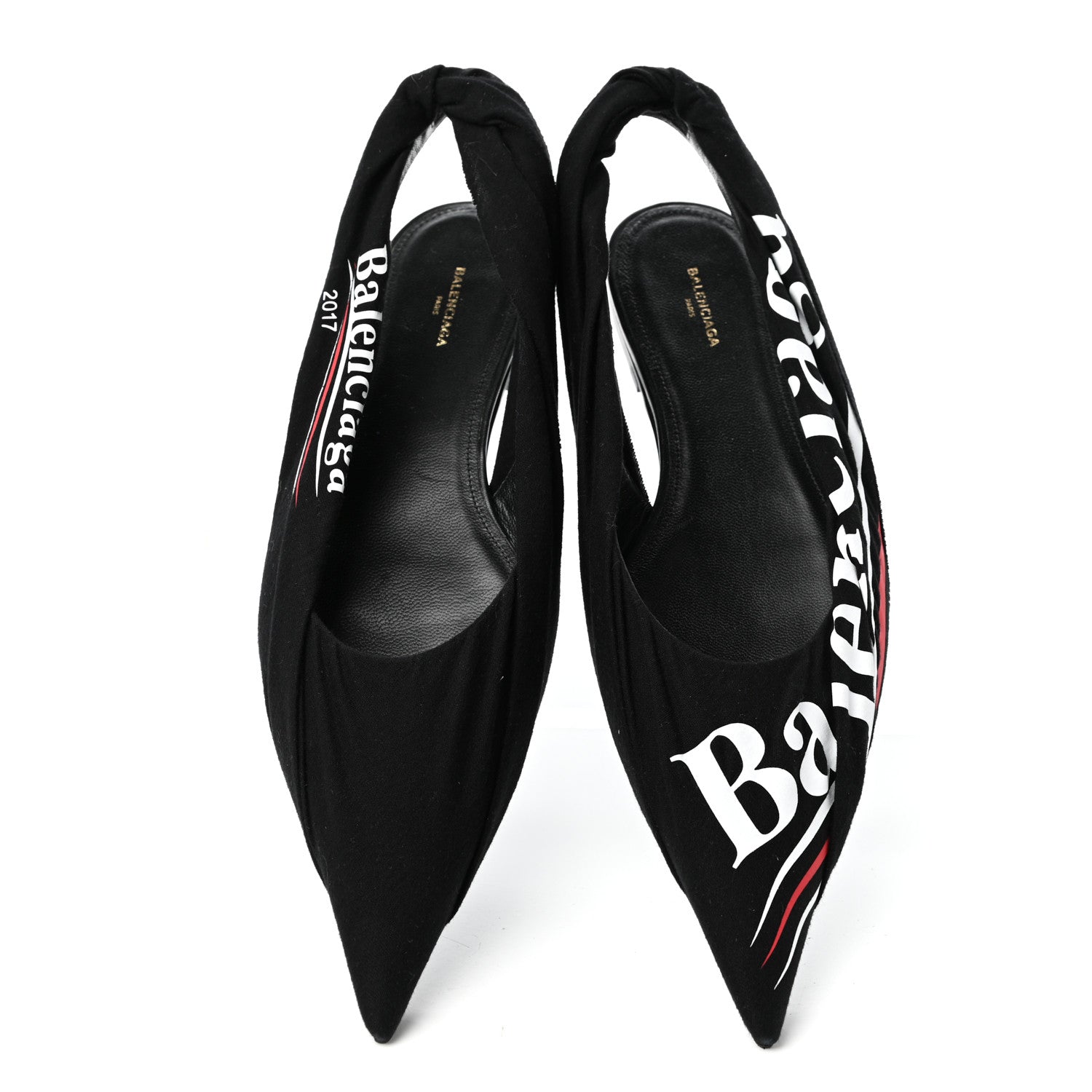 Balenciaga Jersey Crepe Political Campaign Logo Knife Pointed Slingback Flats 40 Black White Rouge 5 of 10
