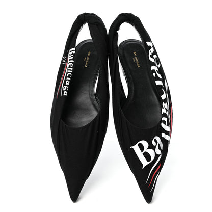Balenciaga Jersey Crepe Political Campaign Logo Knife Pointed Slingback Flats 40 Black White Rouge 5 of 10