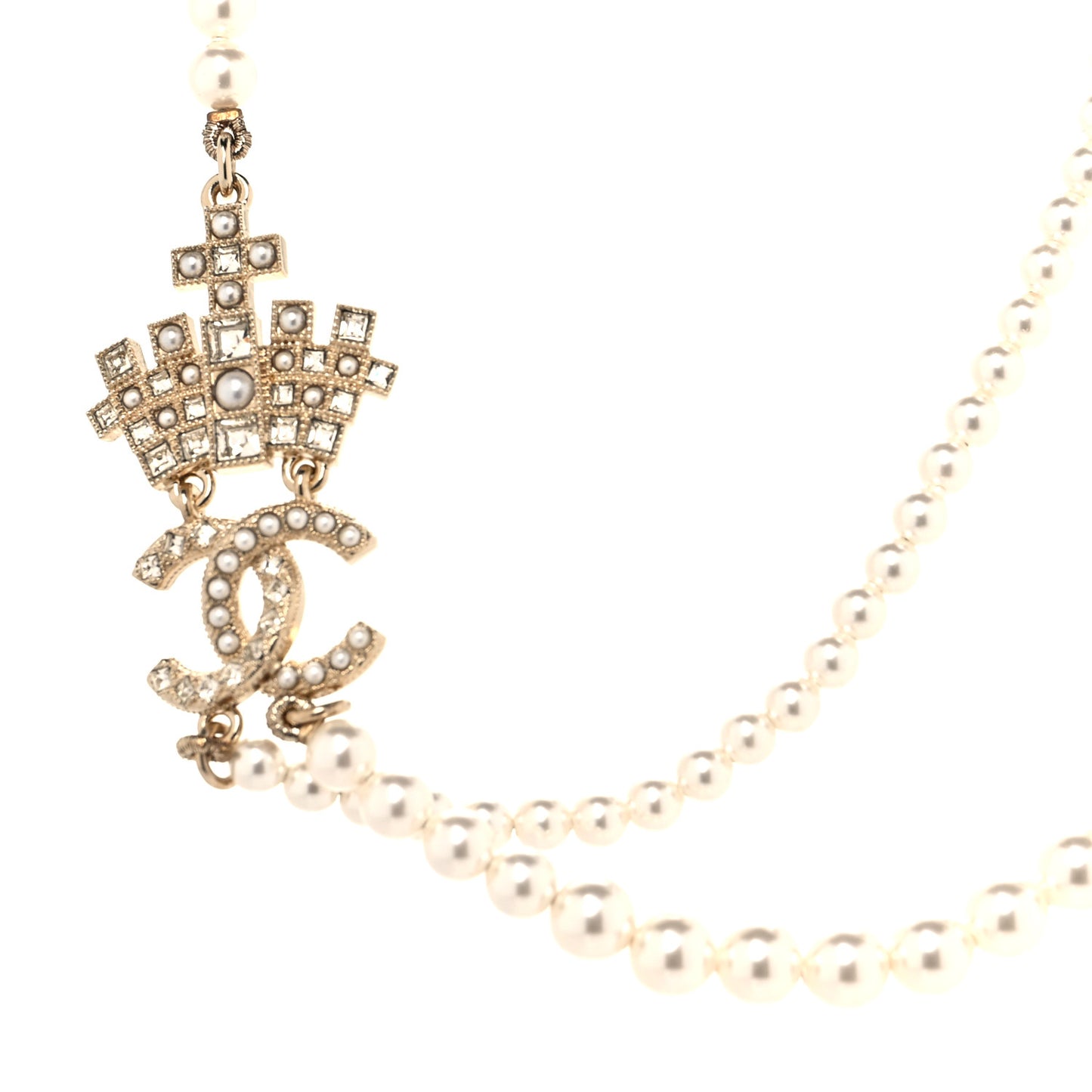 Pearl Crystal CC Crown Multi Strand Necklace Gold
