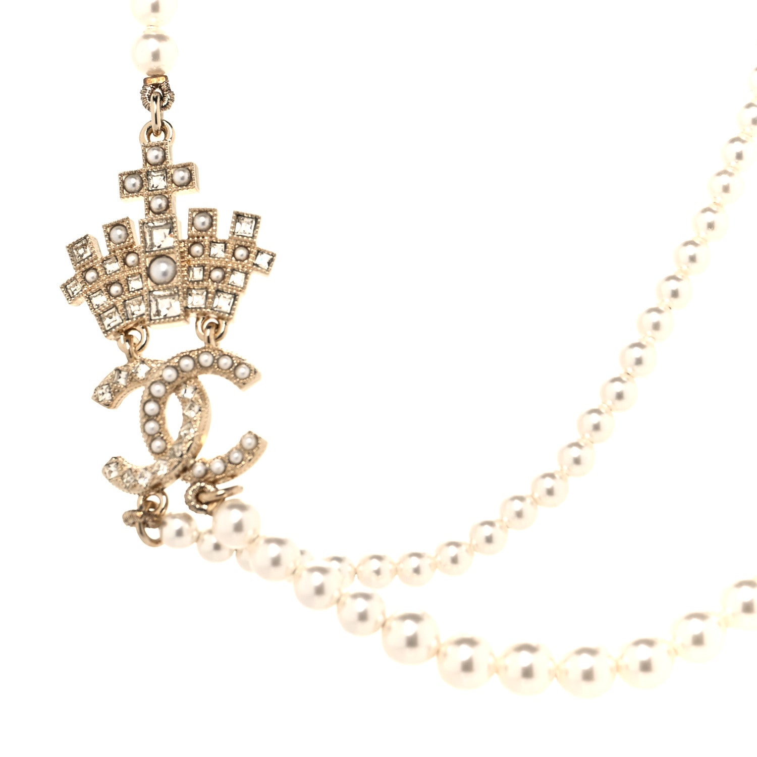 Chanel Pearl Crystal CC Crown Multi Strand Necklace Gold 1 of 6