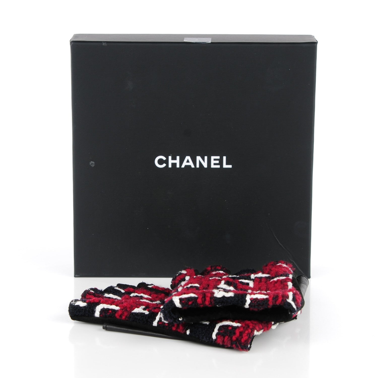 Chanel Tweed Fingerless CC Gloves 7 Red Navy White 5 of 5