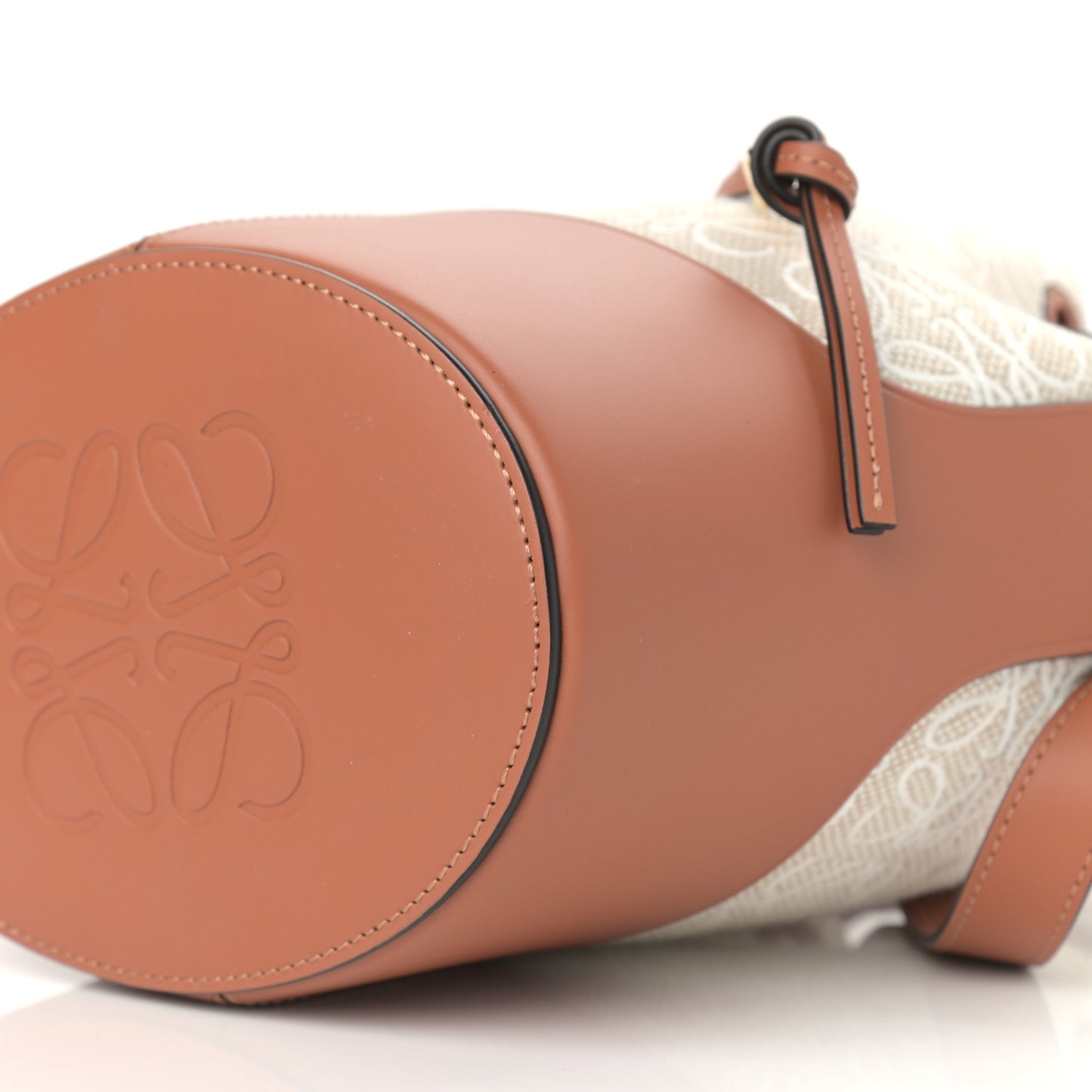 Calfskin Jacquard Linen Anagram Embroidered Small Balloon Bucket Bag Ecru Tan