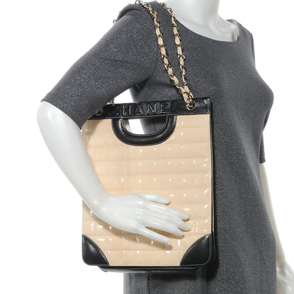 Chanel Patent Chocolate Bar Quilted Tote Beige Black 2 of 9