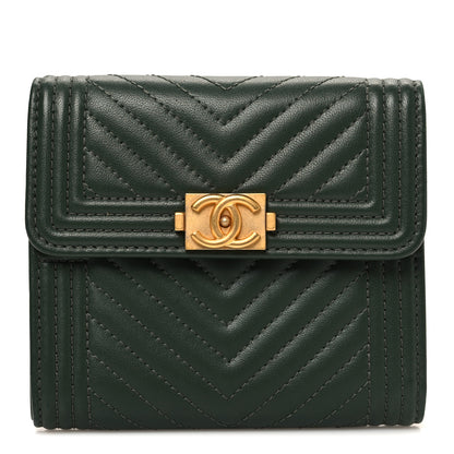 Chanel Lambskin Chevron Quilted Boy Compact Wallet Green 1 of 8