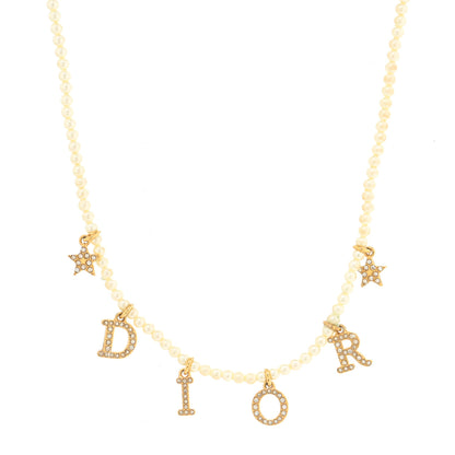Christian Dior Pearl Crystal Star Logo Charm Necklace Gold 1 of 5