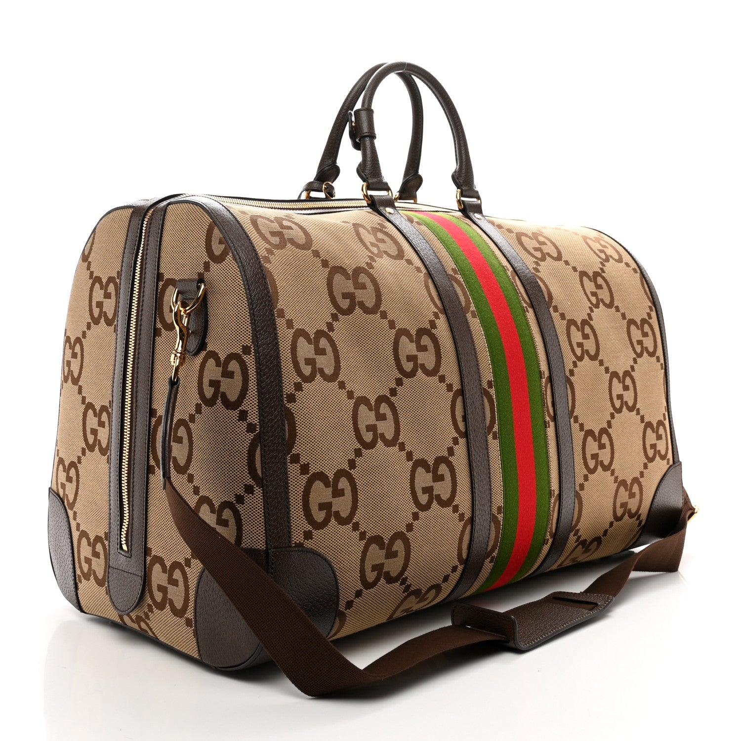 Gucci Monogram Jumbo GG Textured Dollar Calfskin Web Maxi Duffle Bag Camel Ebony 2 of 8
