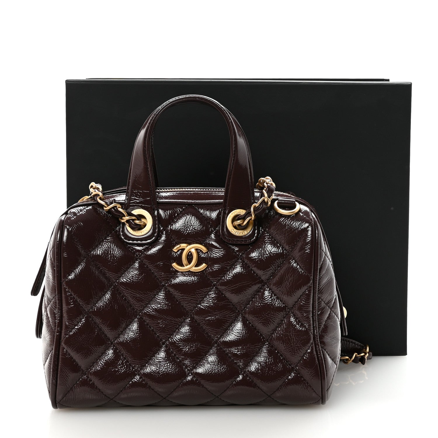 CHANEL ブラウン キルティング バッグ Chanel Shiny Crumpled Calfskin Quilted Small Bowling Bag Dark