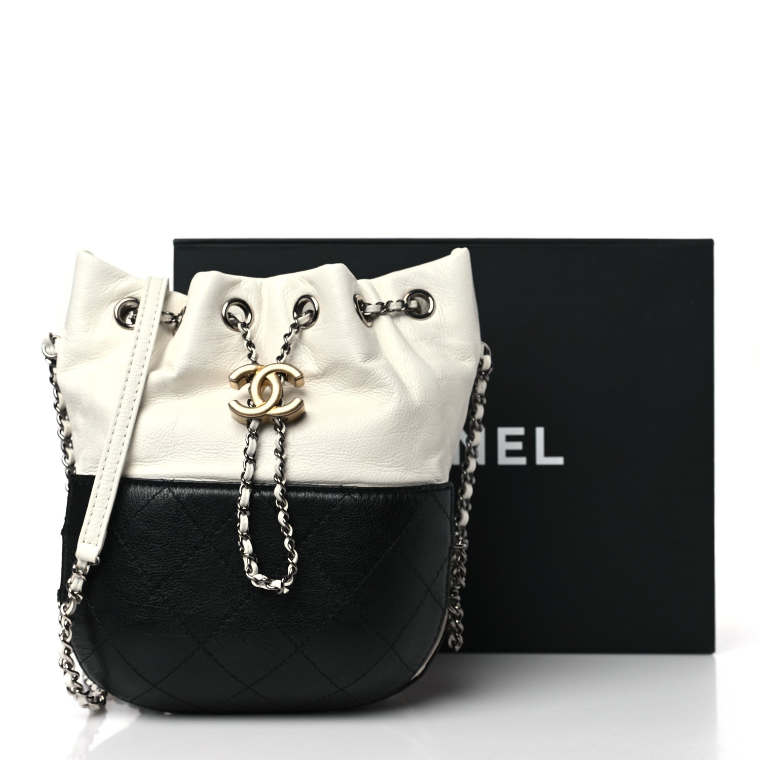 Chanel Aged Calfskin Quilted Small Gabrielle Bucket White Black 10 of 10