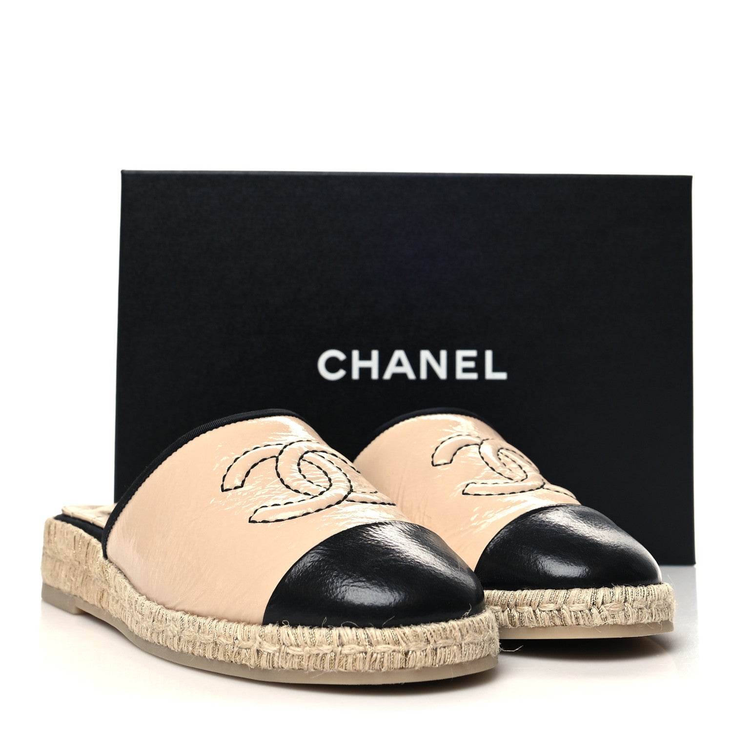 Chanel Crumpled Goatskin CC Espadrille Mules 38 Beige Black 9 of 9