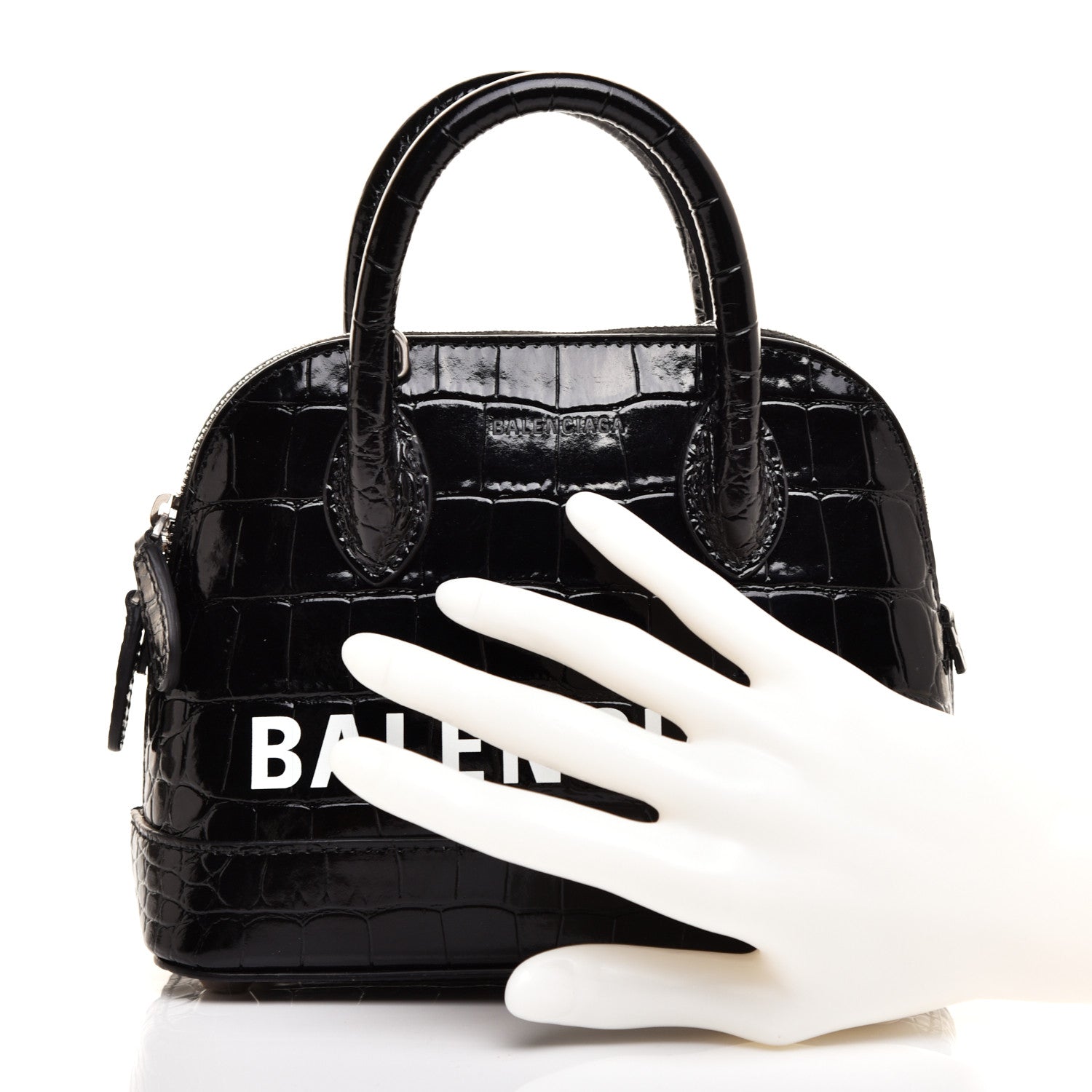 Balenciaga Shiny Calfskin Logo Crocodile Embossed XXS Ville Top Handle Bag Black White 2 of 10