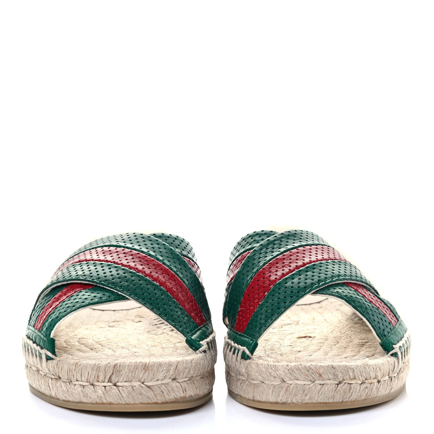 Gucci Malaga Kid Perforated Criss Cross Espadrille Slide Sandals 37 Emerald Hibiscus Red 2 of 7