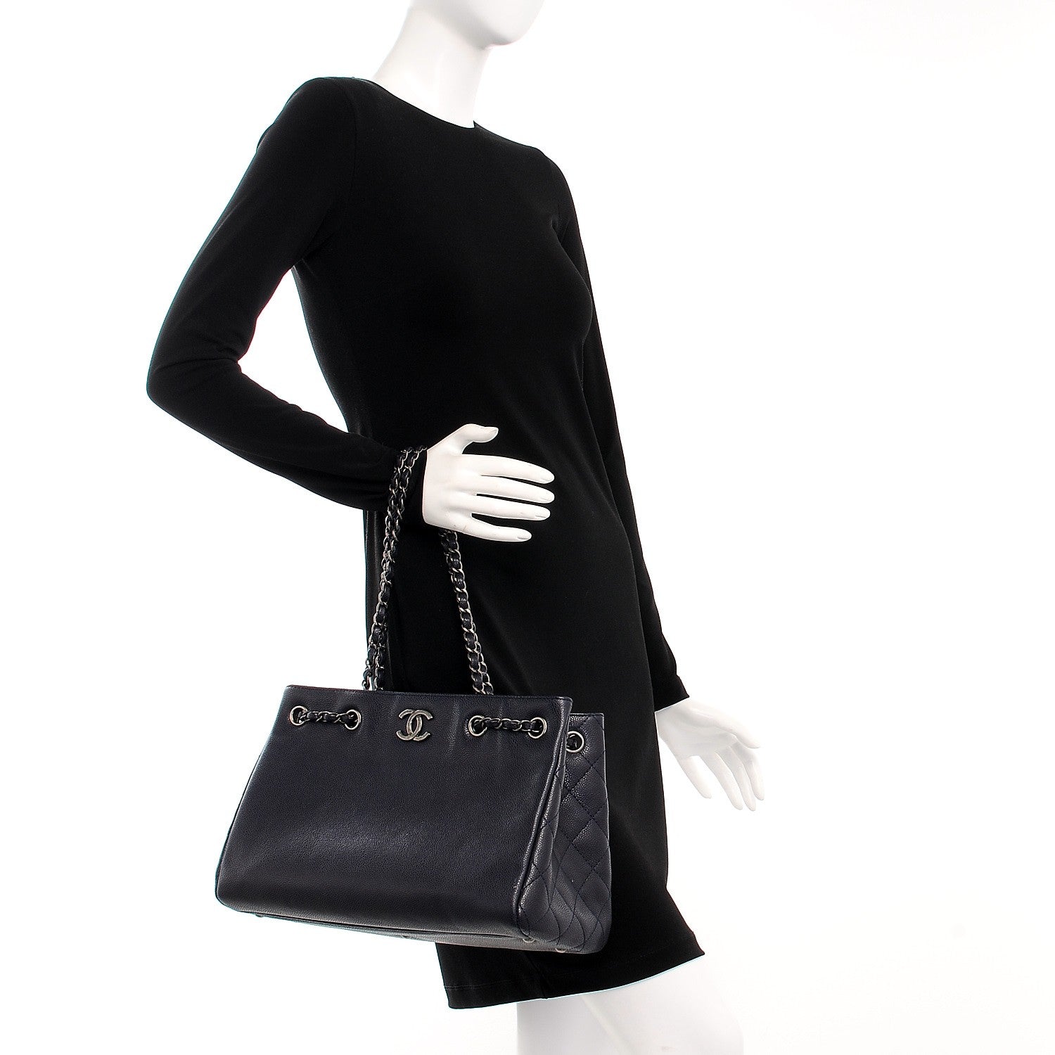 Chanel Metallic Grained Calfskin Woven Chain Medium Shopping Tote Dark Navy 2 of 9