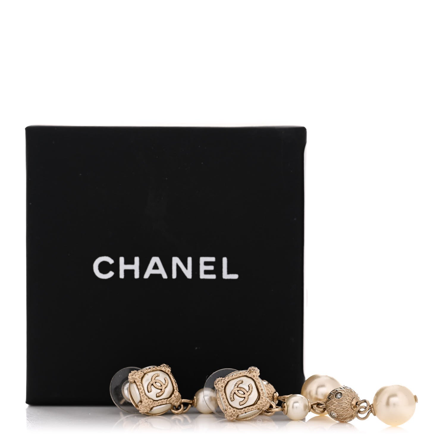 Chanel Pearl CC Drop Earrings Gold White 5 of 5