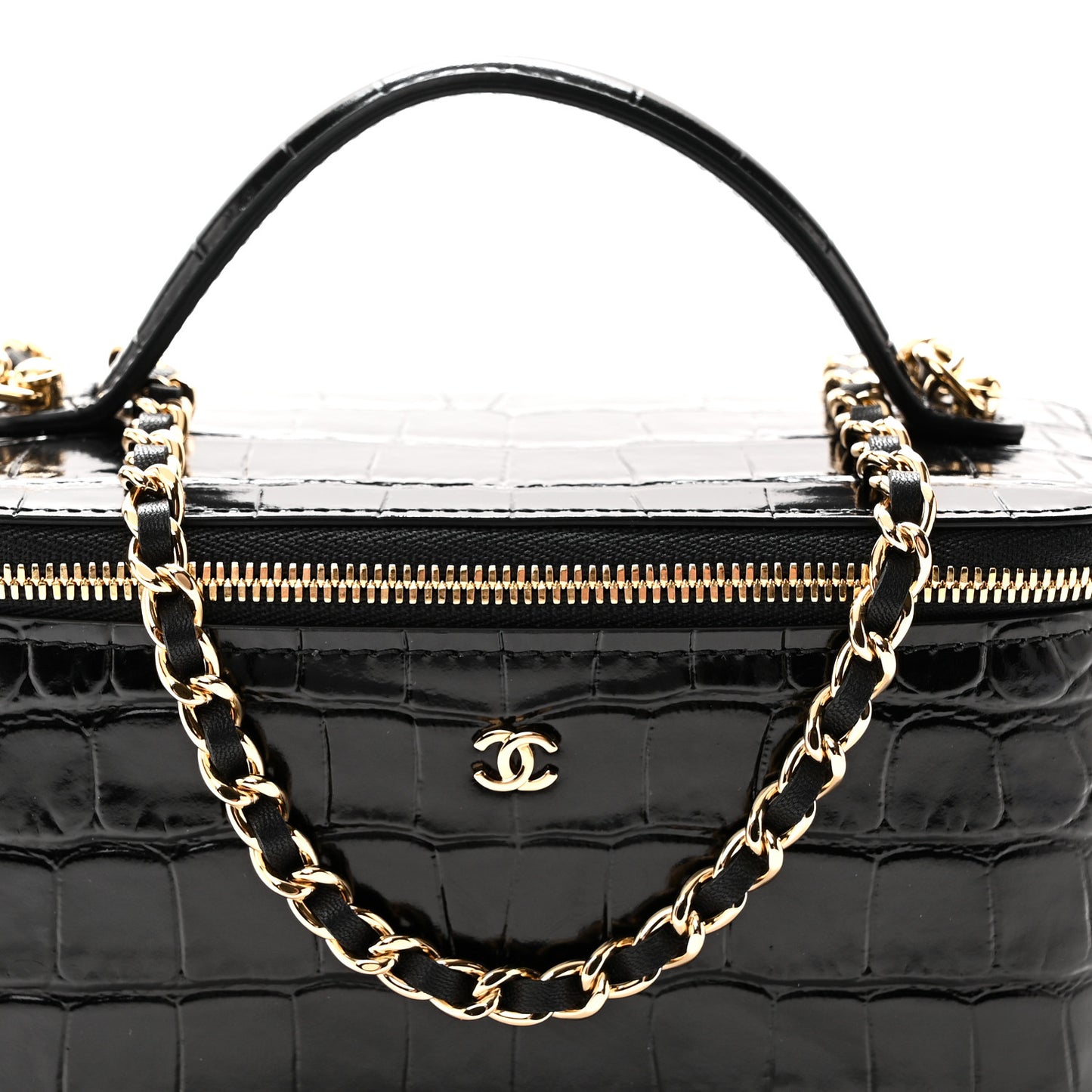 Calfskin Crocodile Embossed Top Handle Vanity Black