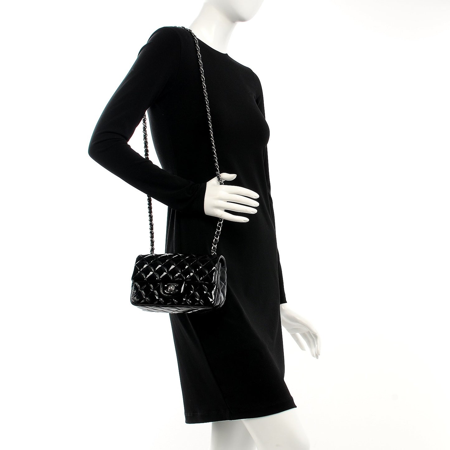 Patent Calfskin Quilted Mini Rectangular Flap Black