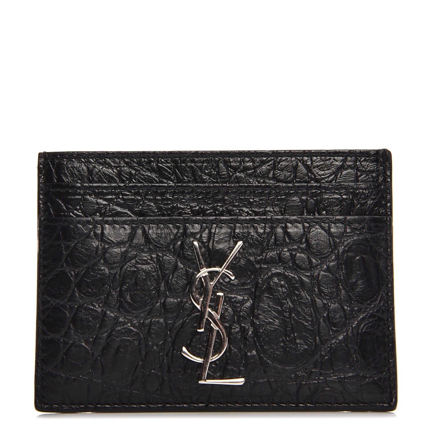 Saint Laurent Calfskin Crocodile Embossed Monogram Credit Card Case Black 1 of 8