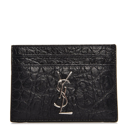 Saint Laurent Calfskin Crocodile Embossed Monogram Credit Card Case Black 1 of 8