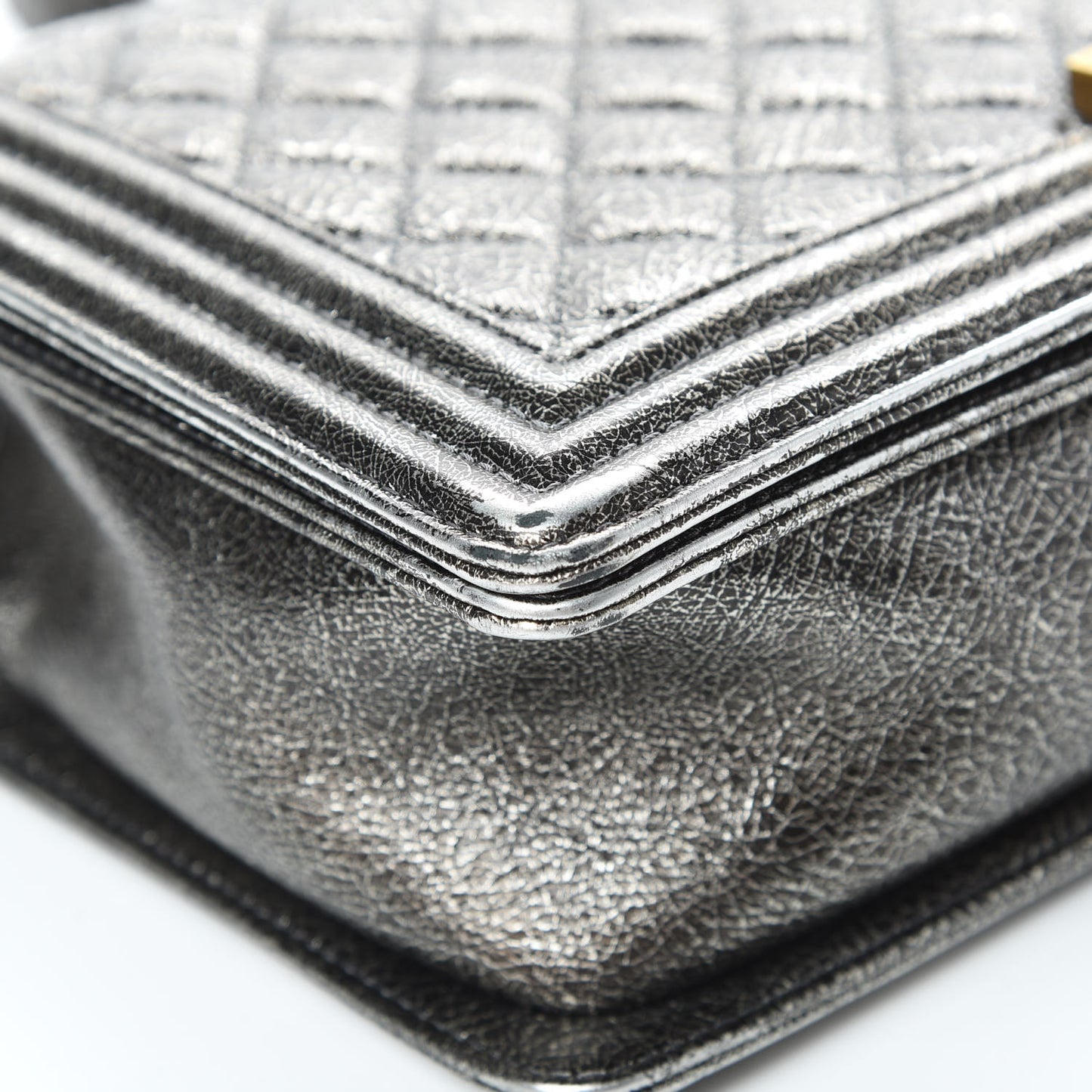 Cracked Metallic Calfskin Quilted New Medium Boy Flap Silver