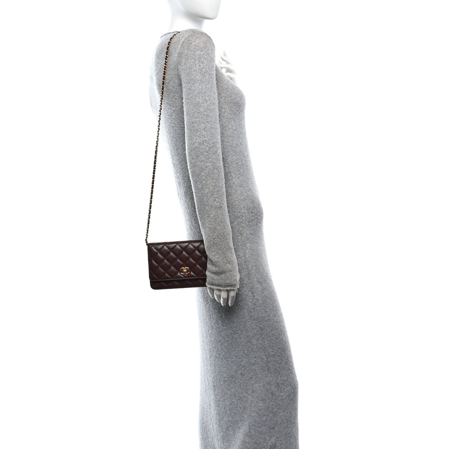 Lambskin Quilted CC Pearl Crush Wallet on Chain WOC Dark Brown