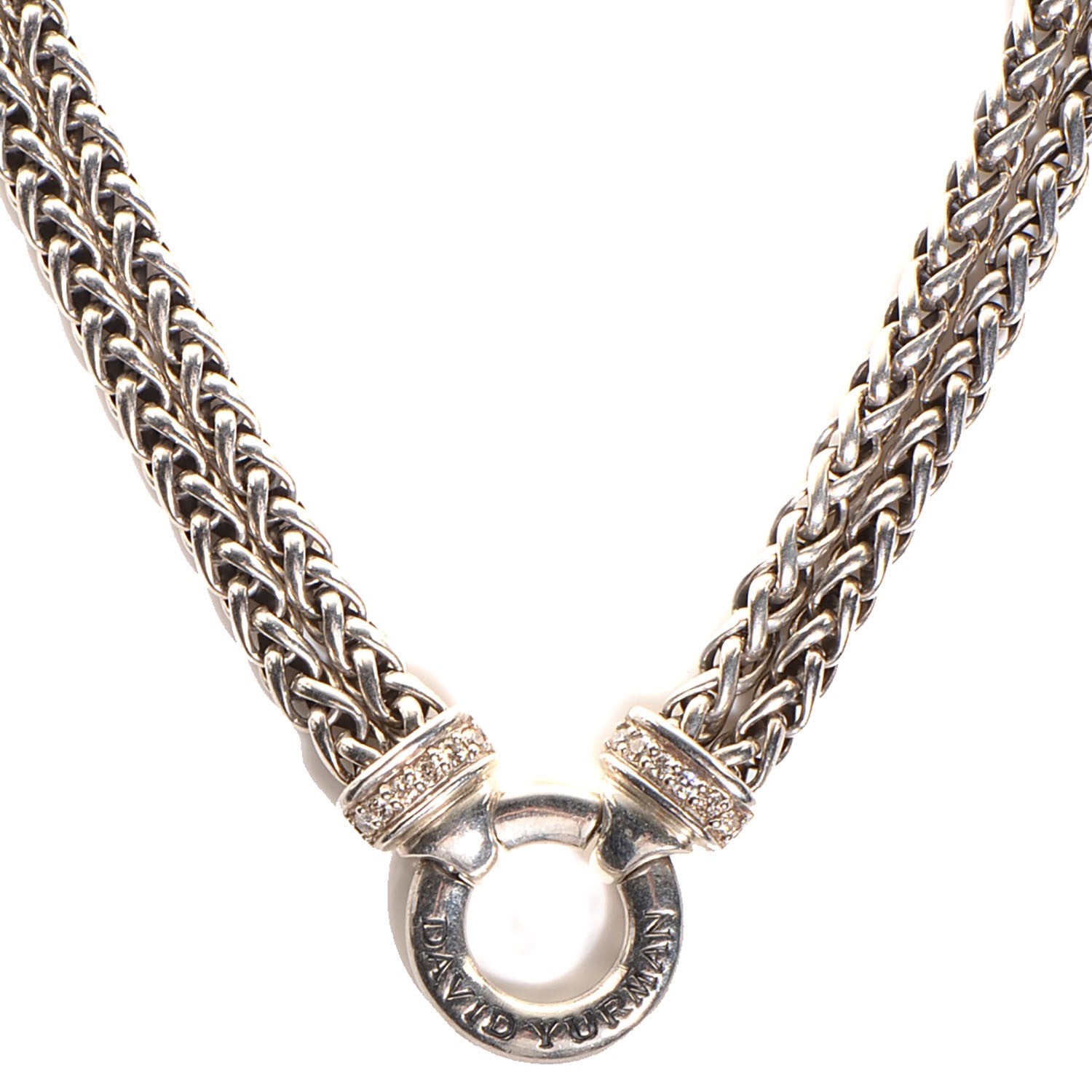 David Yurman Sterling Silver Pave Diamond Double Wheat Chain Necklace 17mm 1 of 5