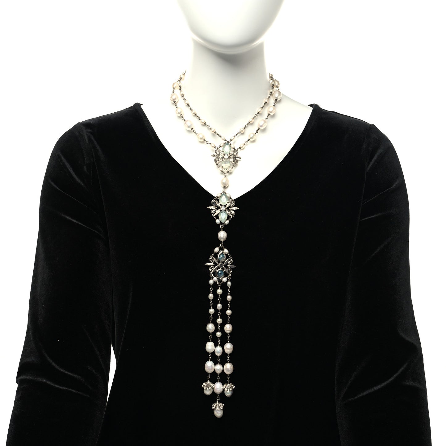 Crystal Gripoix Flower Pearl Multi Strand Necklace Blue Silver