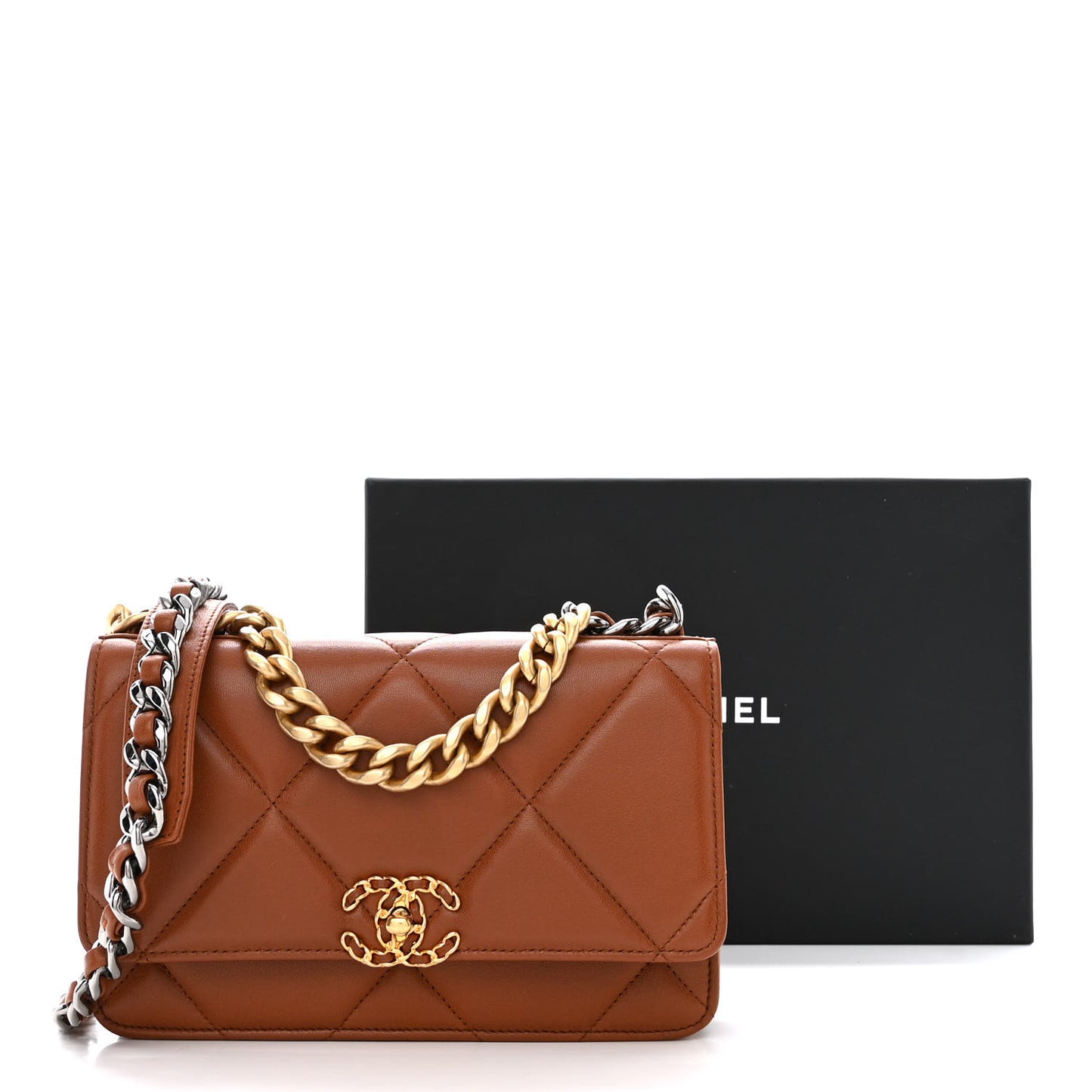 Lambskin Quilted Chanel 19 Wallet On Chain WOC Light Brown