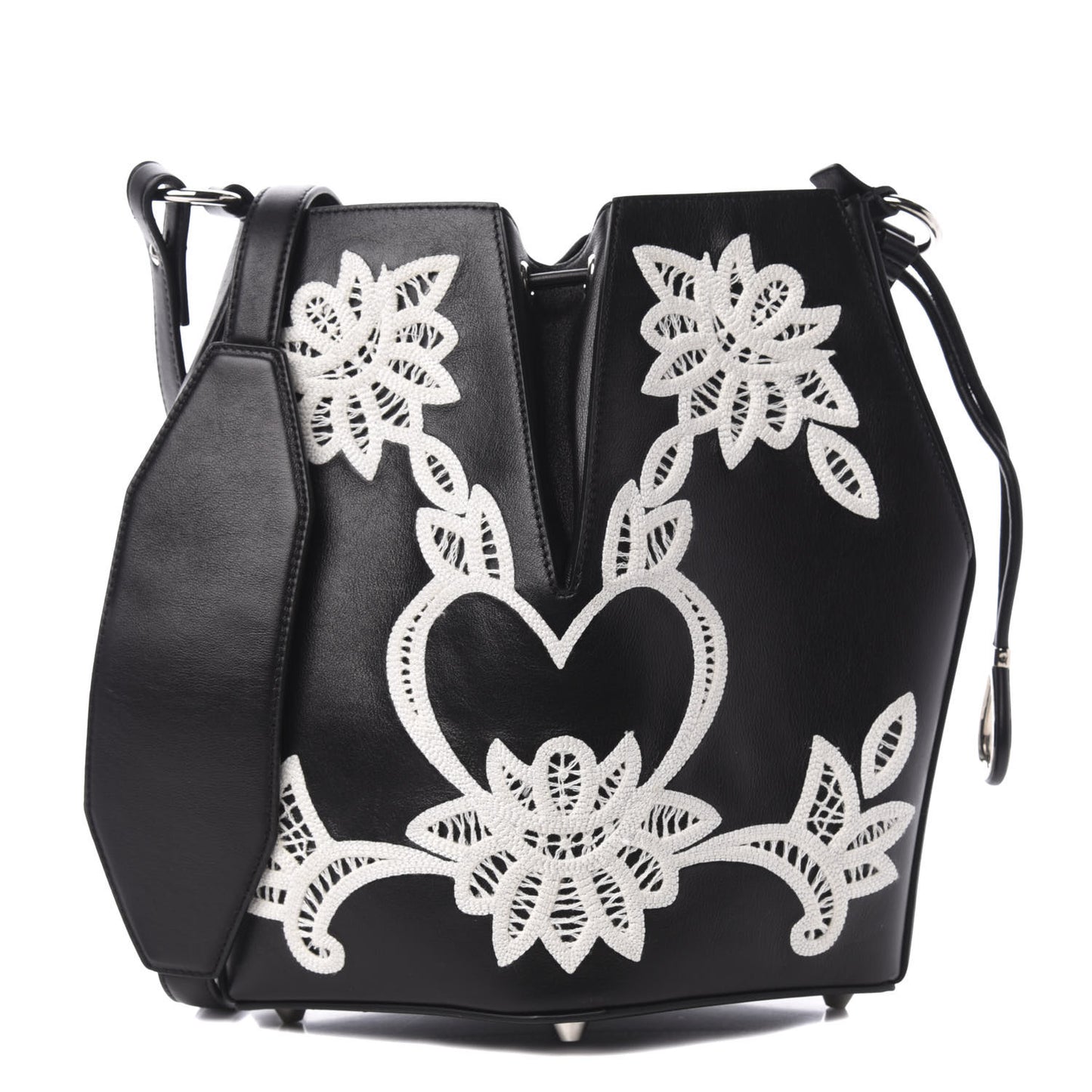 Calfskin Embroidered Bucket Bag Black White