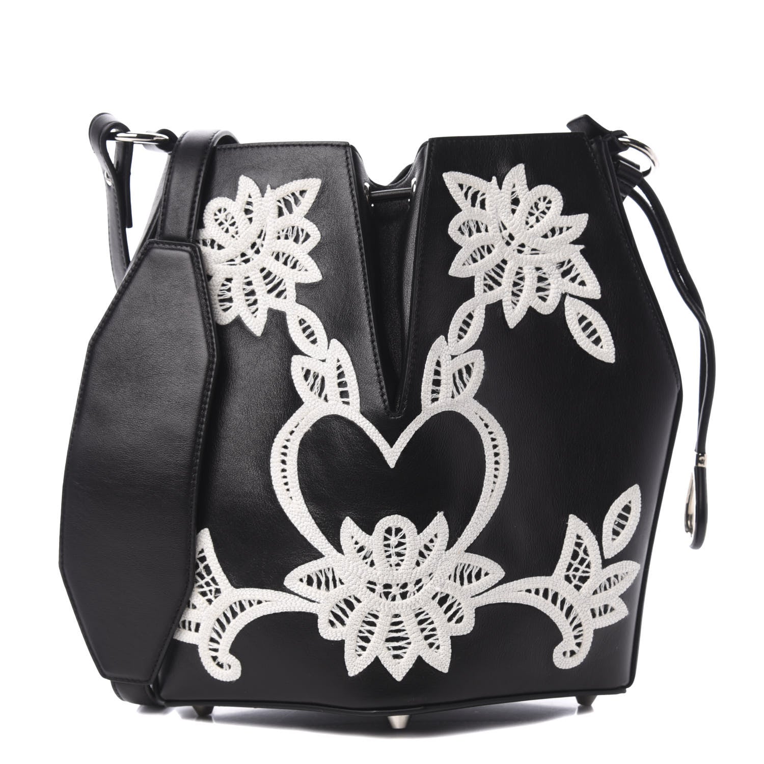 Alexander McQueen Calfskin Embroidered Bucket Bag Black White 1 of 10