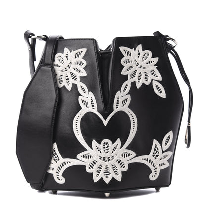 Alexander McQueen Calfskin Embroidered Bucket Bag Black White 1 of 10