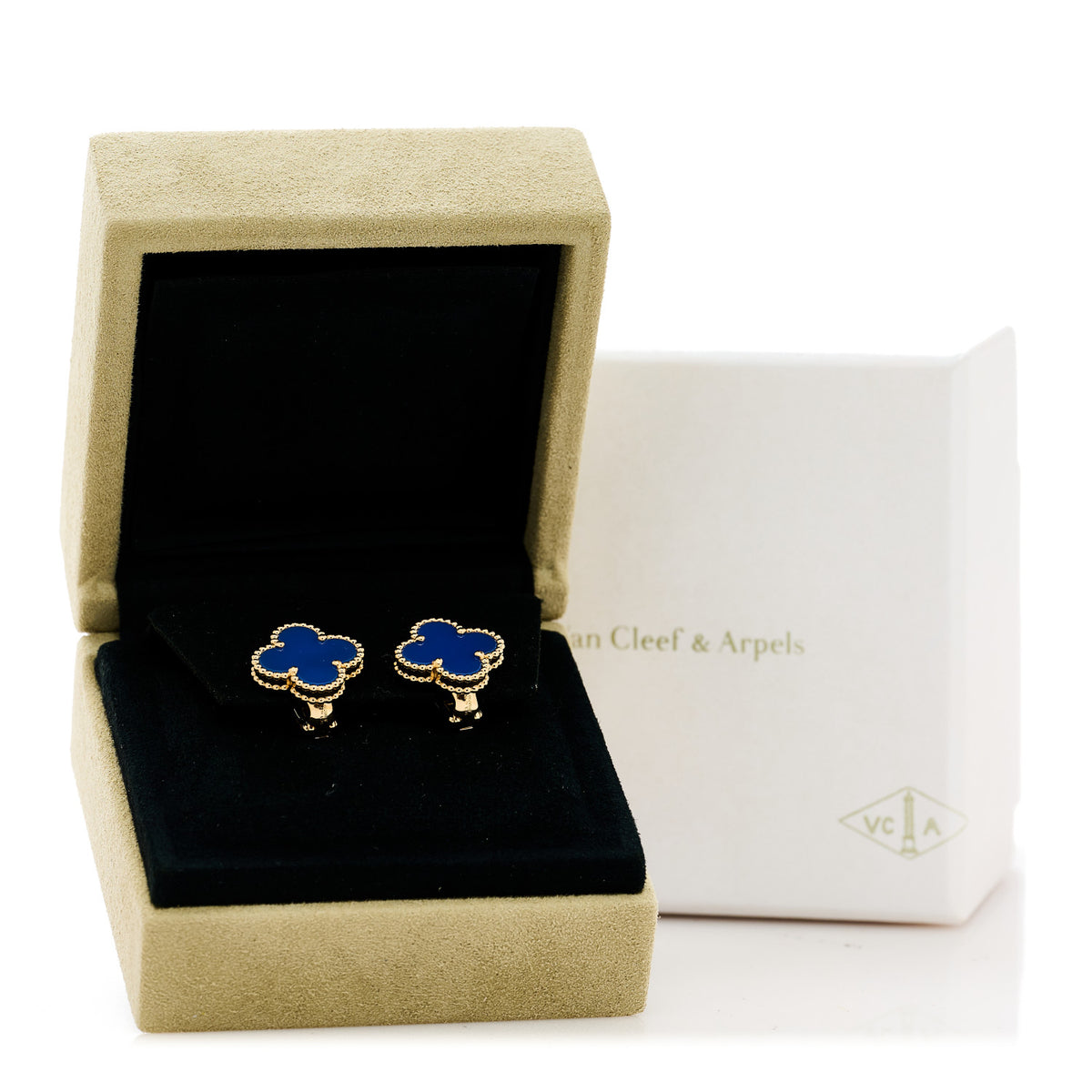 Van Cleef & Arpels 18K Yellow Gold Blue Agate Vintage Alhambra Earrings 5 of 5
