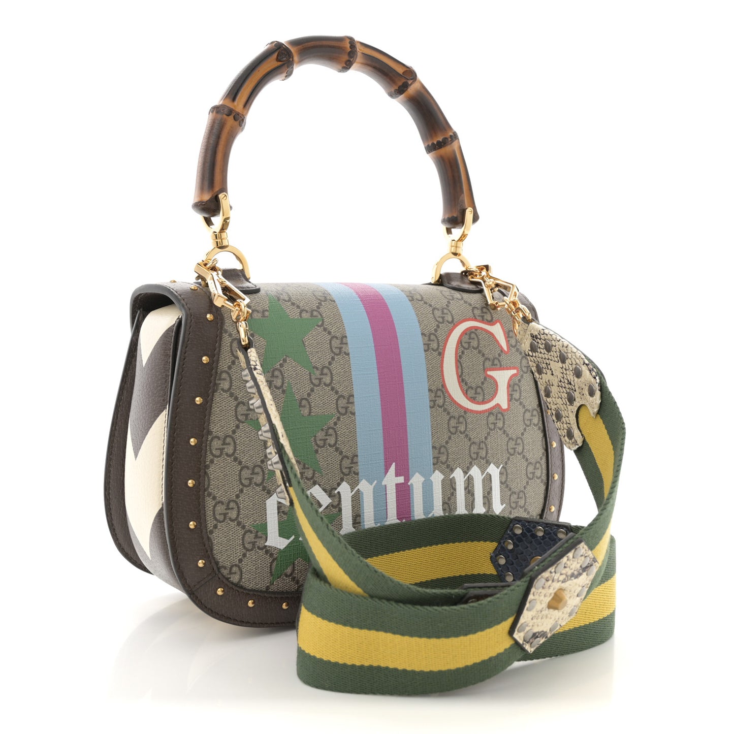 GG Supreme Monogram Studded Calfskin Centum Medium Bamboo 1947 Top Handle Bag Beige Ebony Multicolor