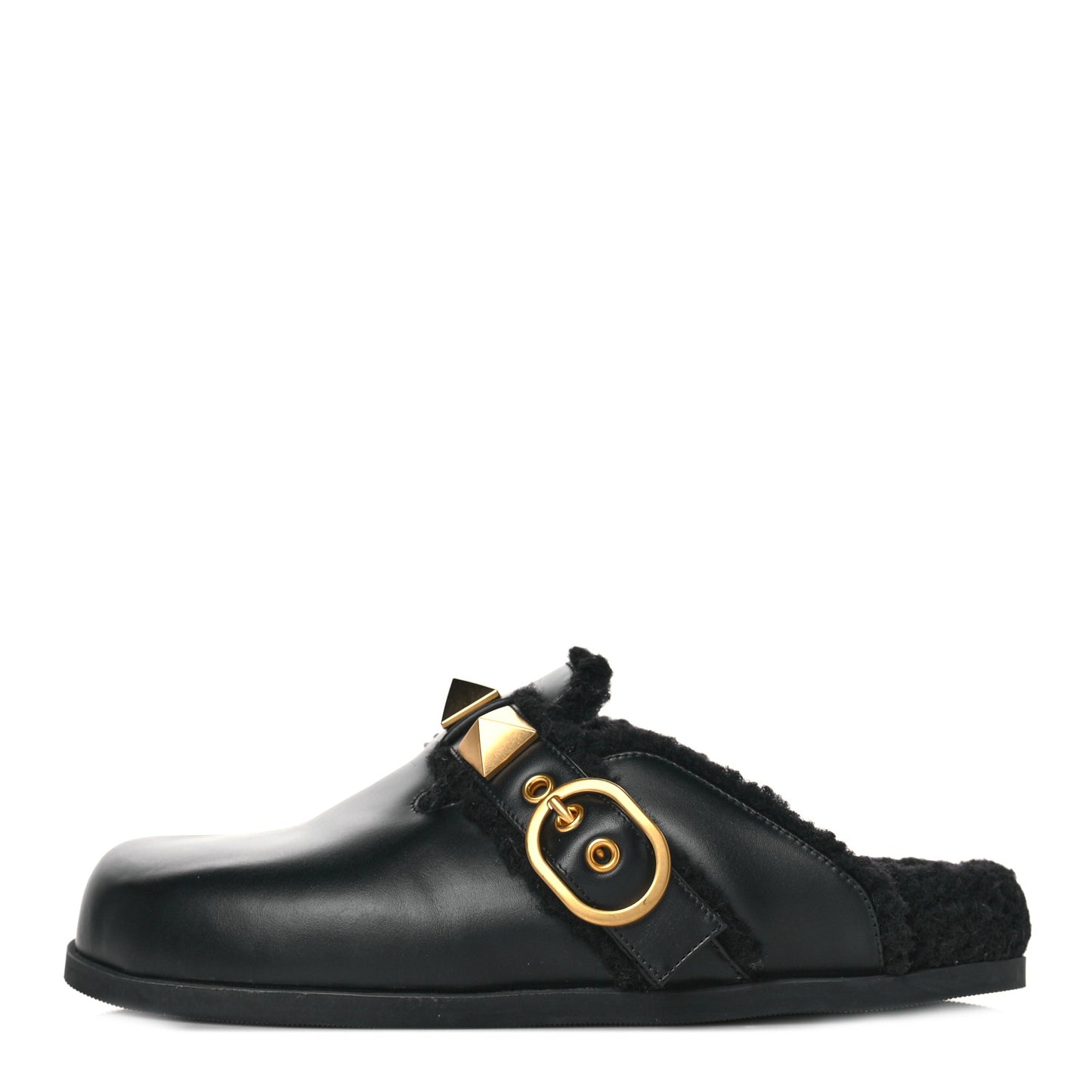 Calfskin Shearling Roman Stud River Slippers 36 Black