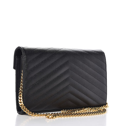 Saint Laurent Grain De Poudre Matelasse Chevron Monogram Chain Wallet Black 3 of 7