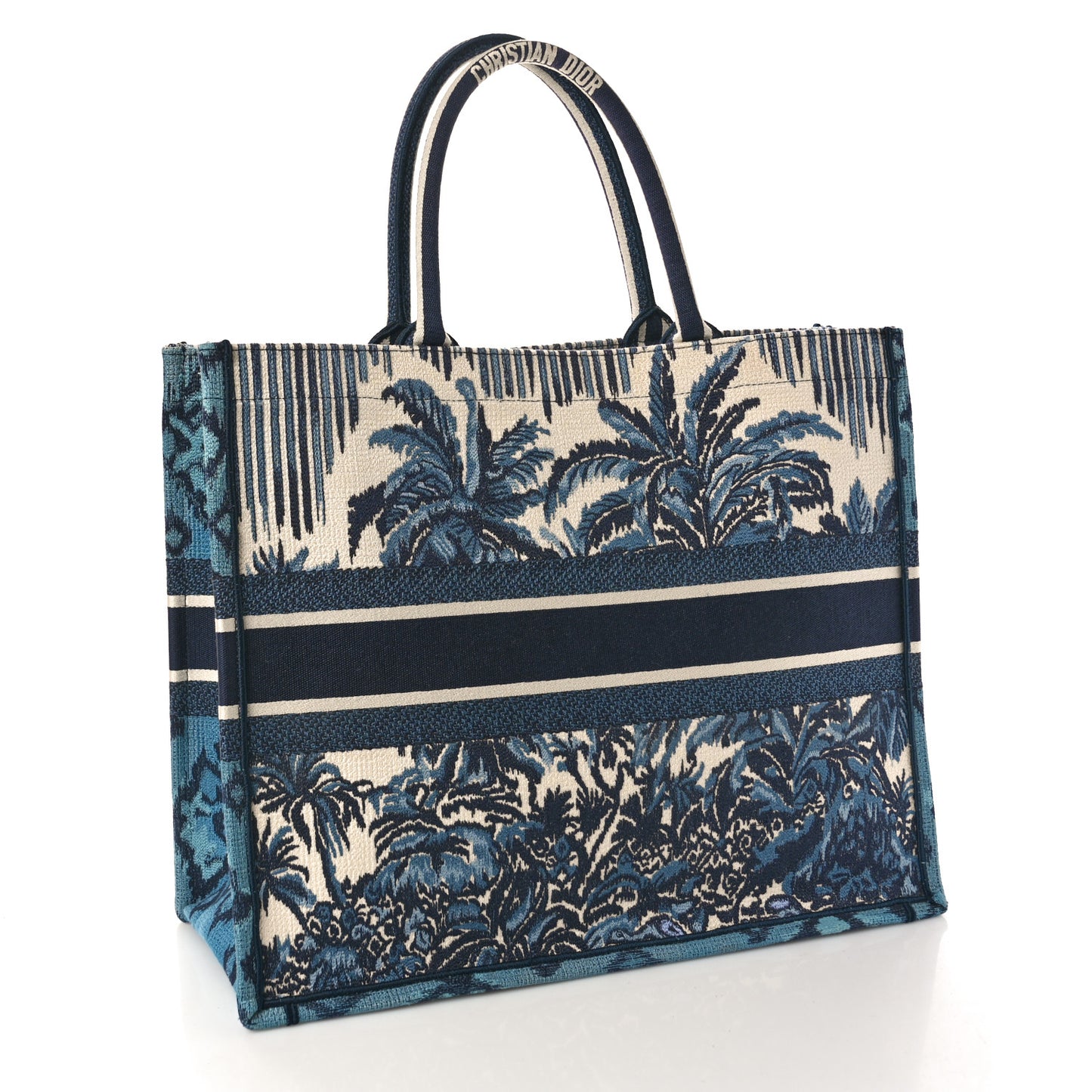 CHRISTIAN DIOR Canvas Embroidered Large Palm Tree Toile De Jouy Book Tote Blue Multicolor