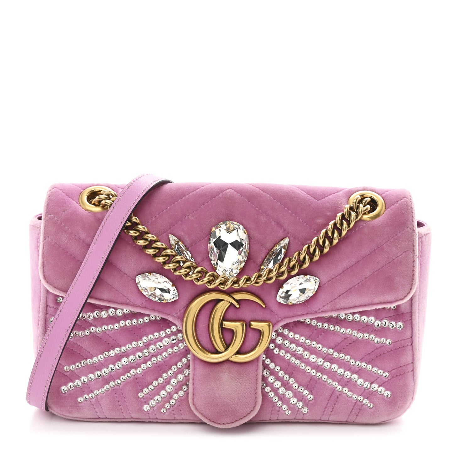 Velvet Matelasse Marquise Crystals Embroidered Small GG Marmont Shoulder Bag Malva